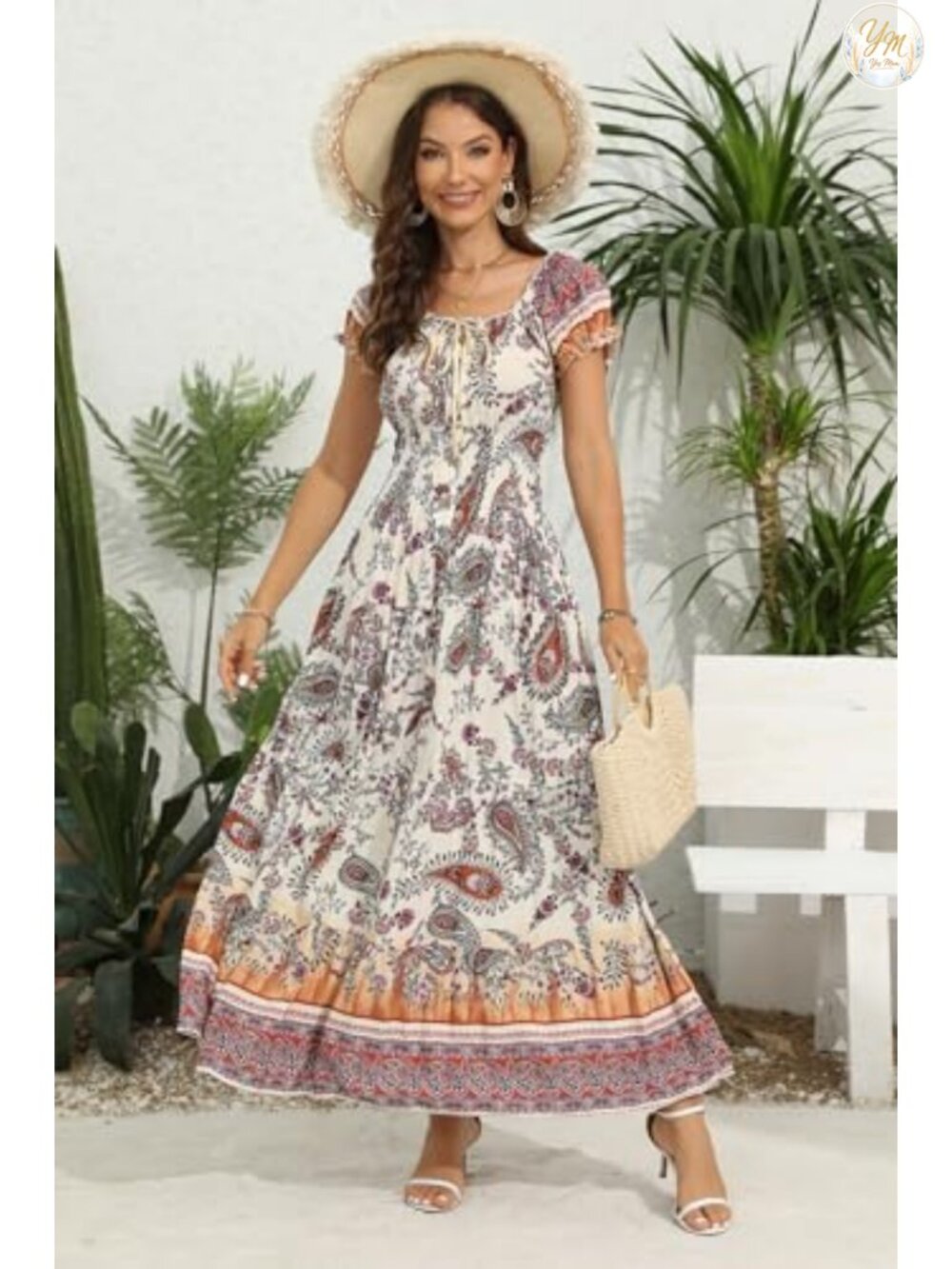 Boho Floral Tiered Maxi Dress Short Sleeve Scoop Neck Summer Casual Flowy - Picture 4 of 6